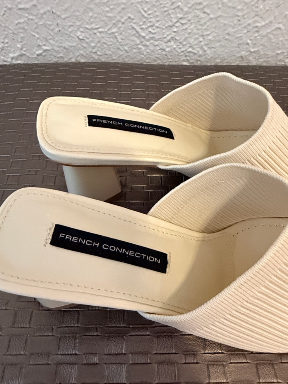 French Connection Beige Ribbed Open-Toe Block Heel Mules - Picture 2 of 4